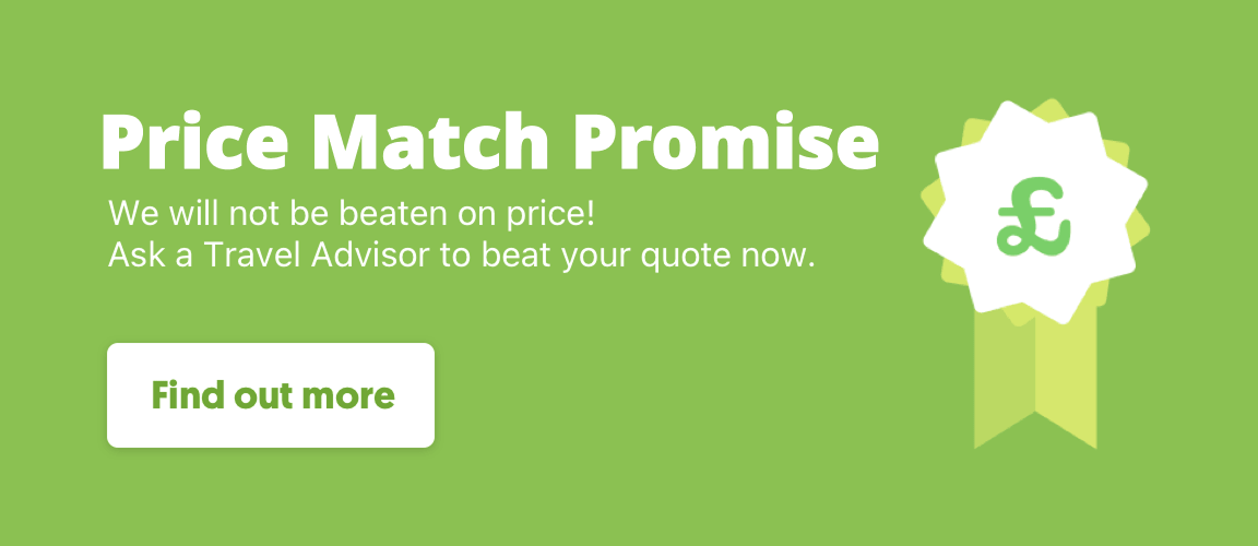 There is an icon on the left side of this image that shows an award ribbon. There is text on the right that reads "Price match guarantee: We will not be beaten on price! Ask a travel advisor to beat your quote now.".